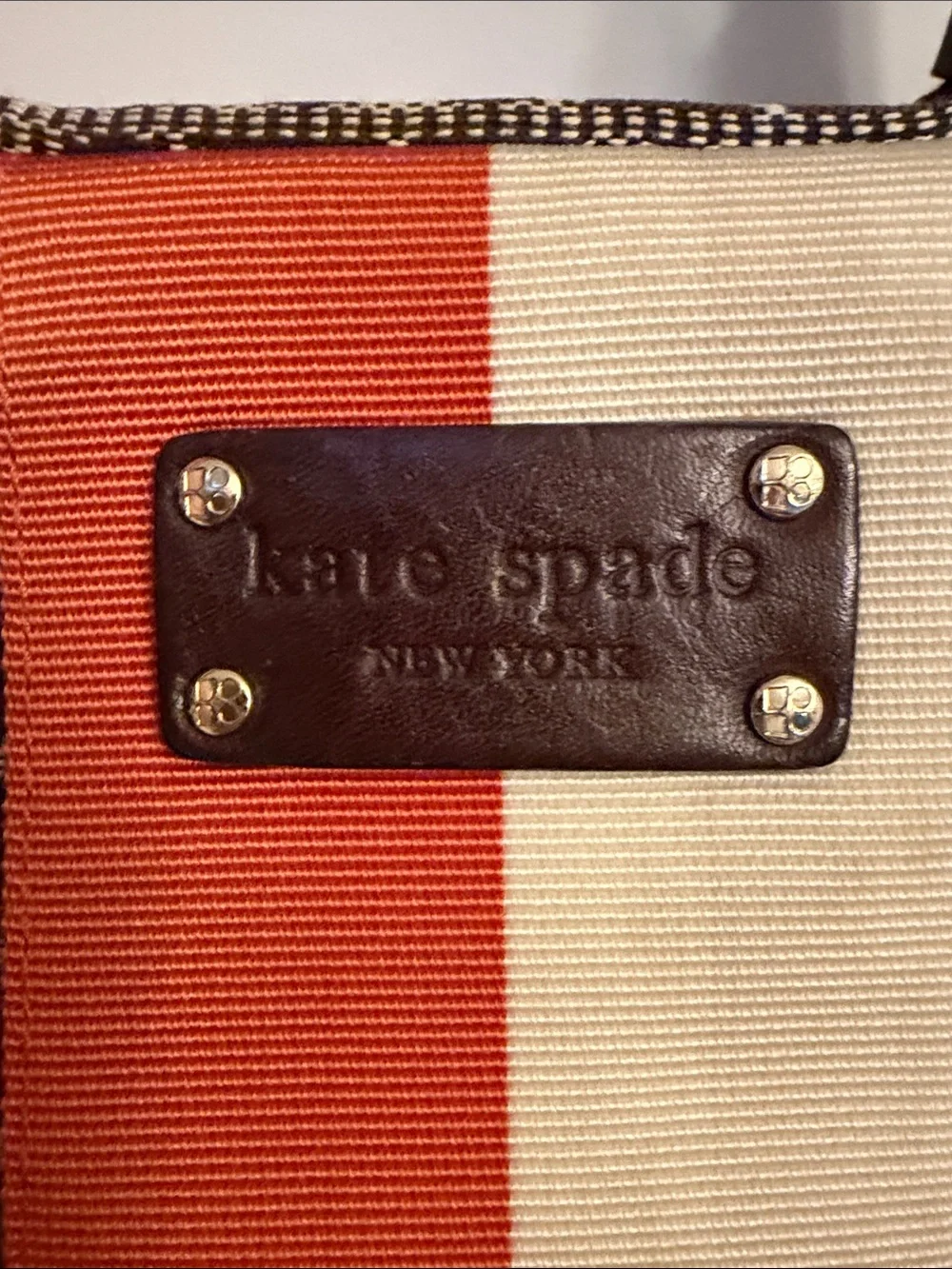 NWOT Kate Spade Noel Stevie Brown Tote with Orange & Cream Center Stripe